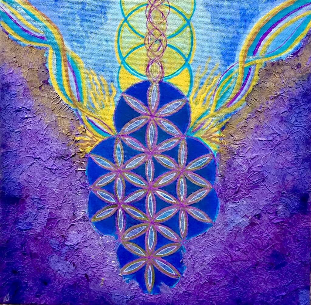 A painting of a flower with the symbol for the seed of life.